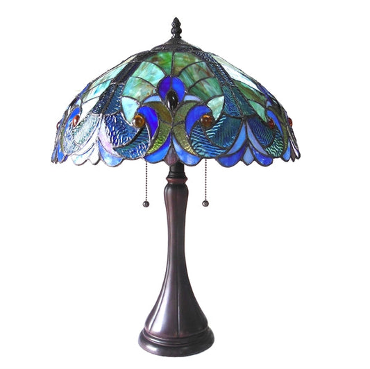 22" x 16" Blue & Green Victorian Stained Glass Table Lamp