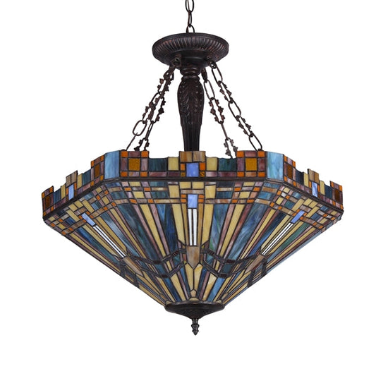 25.2" x 23.6" Mission-Style Geometric Stained Glass 3-Light Inverted Pendant