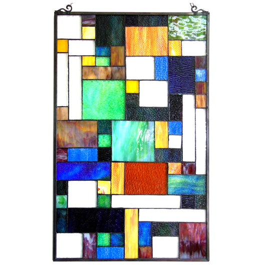 32" x 20" Art Deco Geometric Stained Glass Window Panel