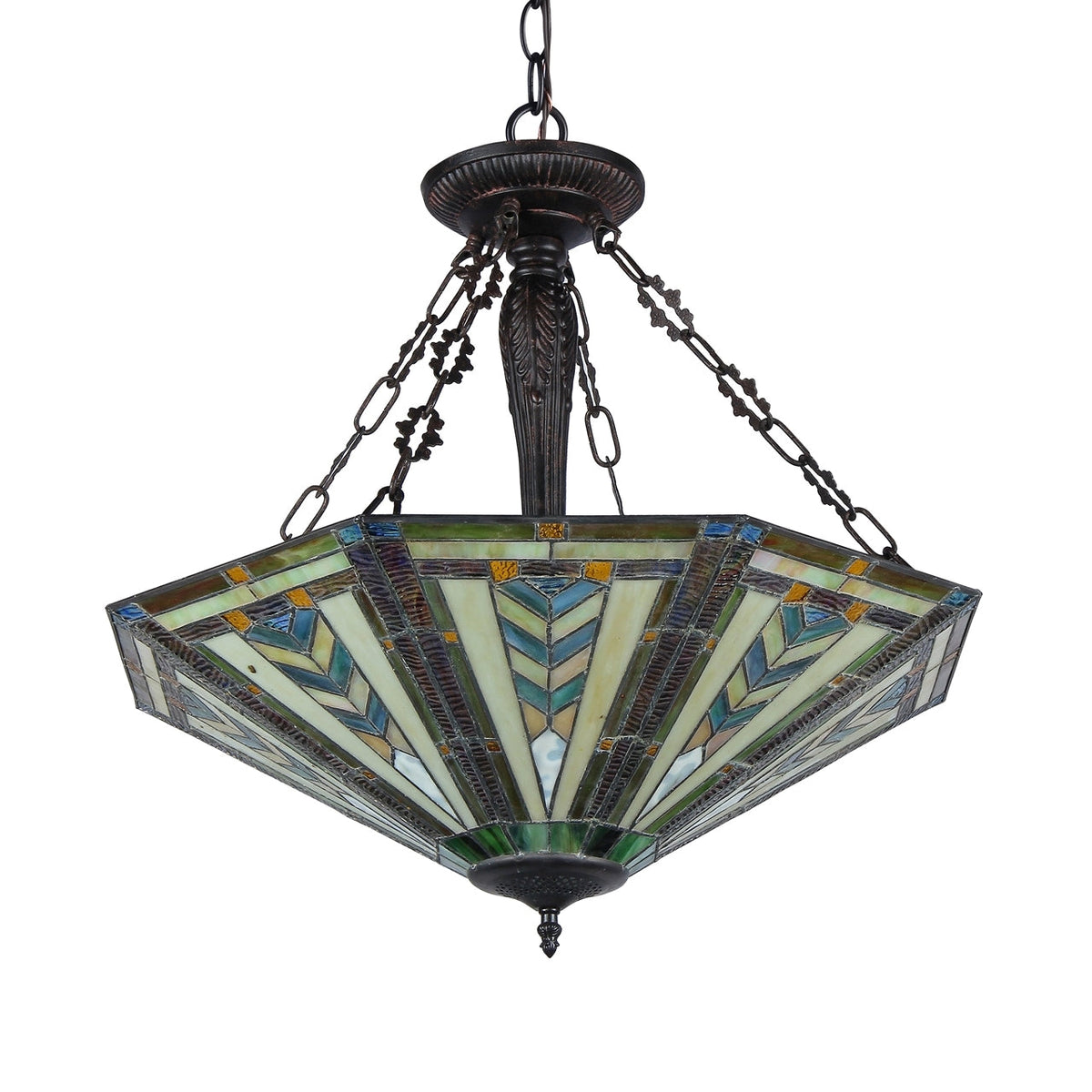 23.15" x 24.6" Mission-Style Geometric Stained Glass 3-Light Inverted Pendant