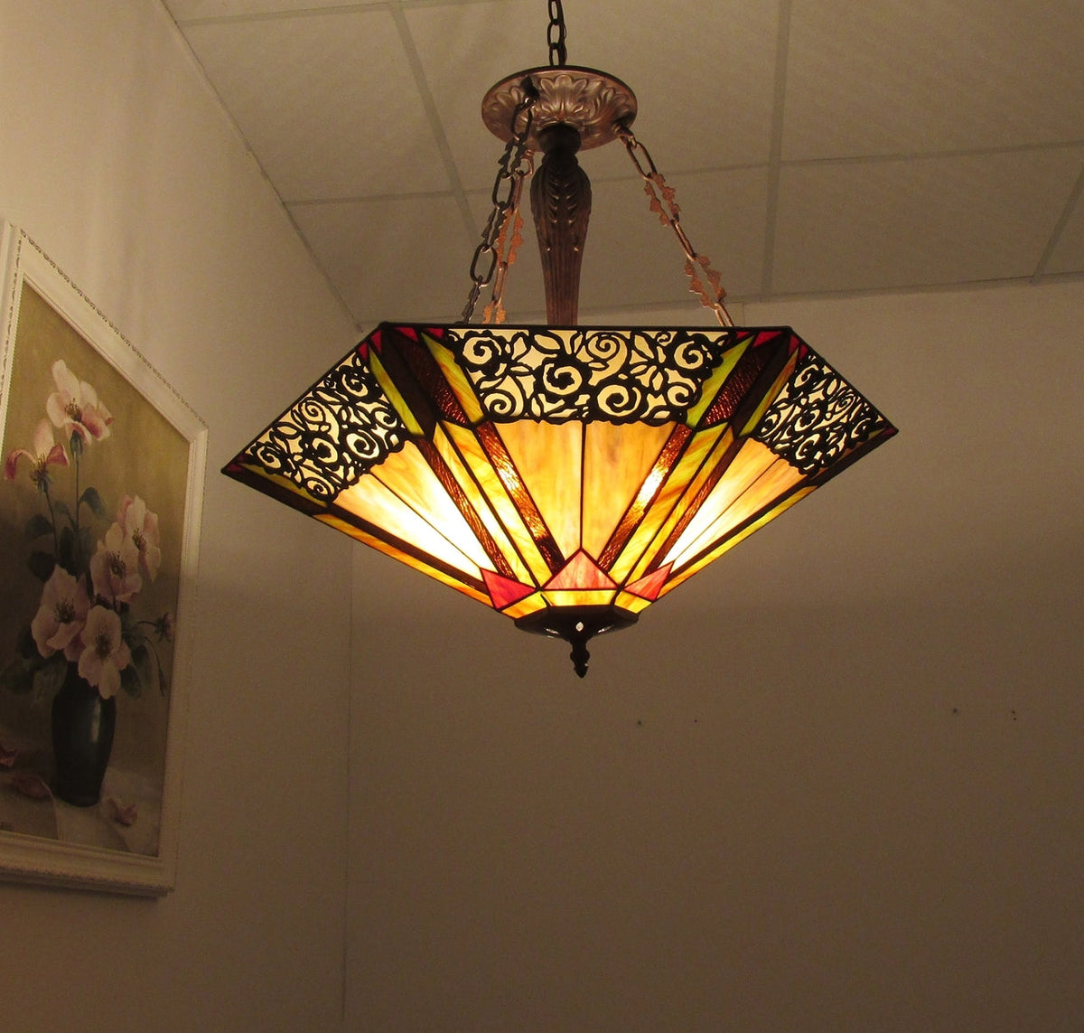 22.33" x 23.8" Geometric Stained Glass 3-Light Inverted Pendant