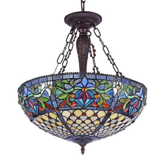 23.15" x 20.28" Victorian Floral Stained Glass 3-Light Inverted Pendant