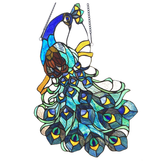 25" x 17" Peacock Stained Glass Window Panel – Blue & Green