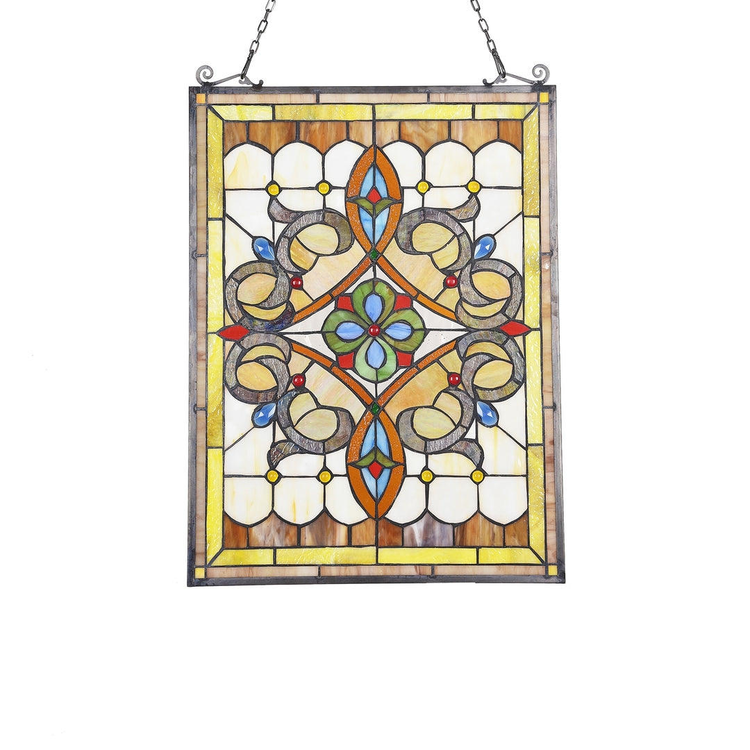 24.6" x 17.7" Victorian Geometric Stained Glass Window Panel – Amber & Blue