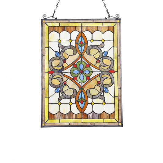 24.6" x 17.7" Victorian Geometric Stained Glass Window Panel – Amber & Blue