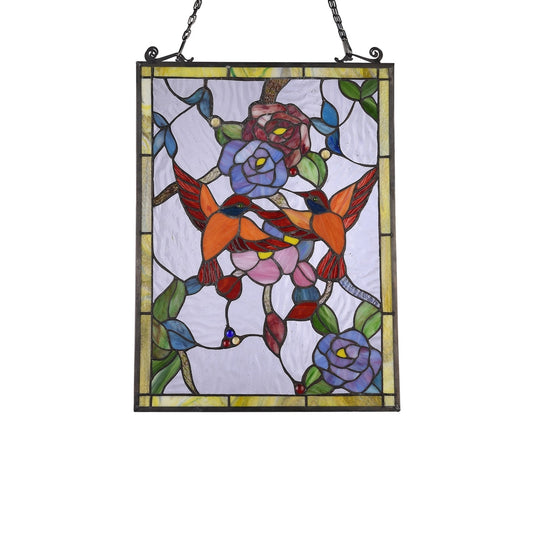 24.5" x 17.7" Red Birds & Flowers Stained Glass Window Panel
