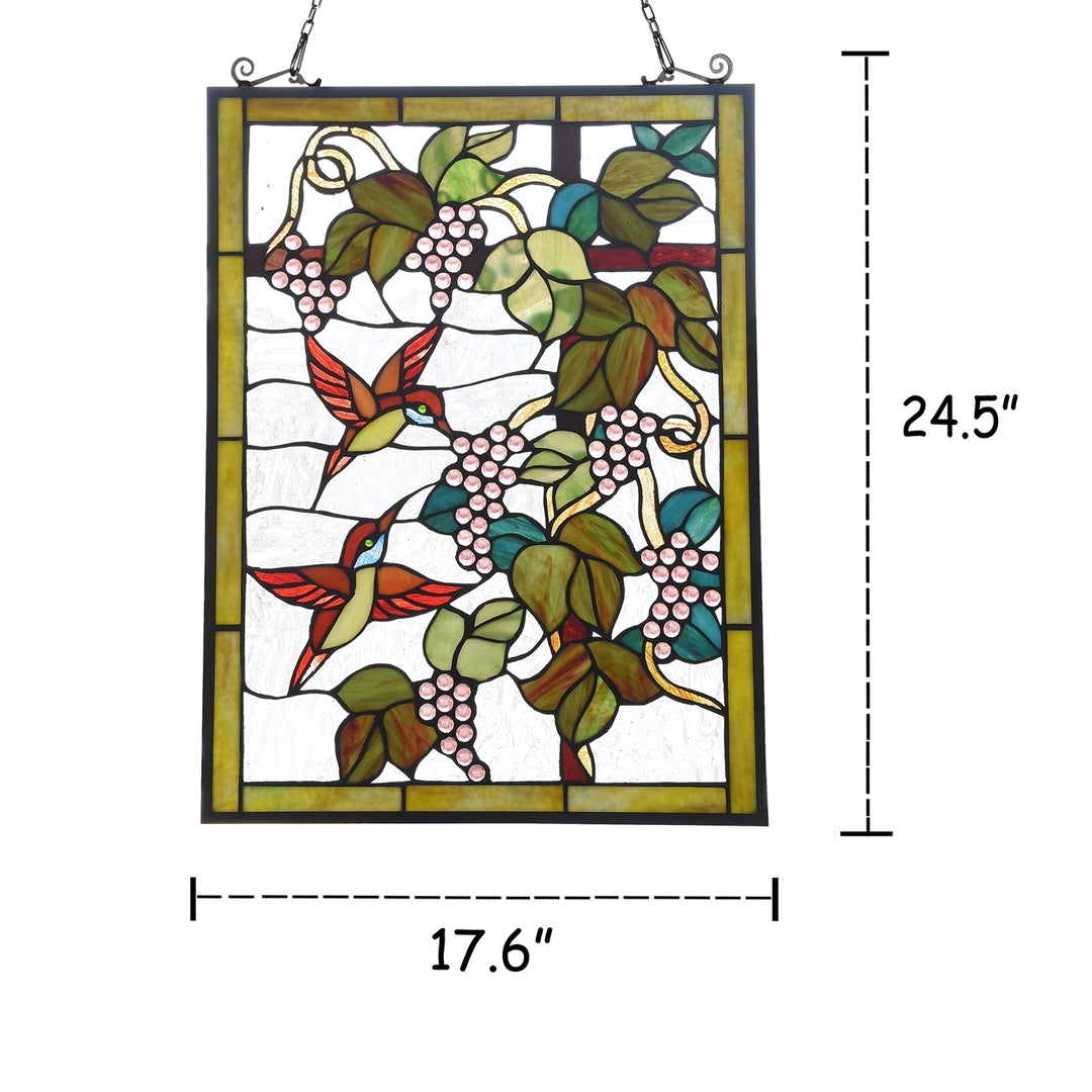 24.5" x 17.6" Hummingbird & Grape Vine Stained Glass Window Panel