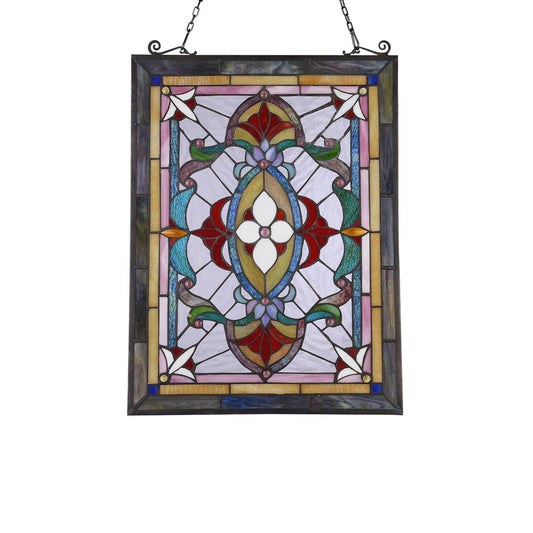 24.5" x 17.6" Victorian Floral Medallion Stained Glass Window Panel