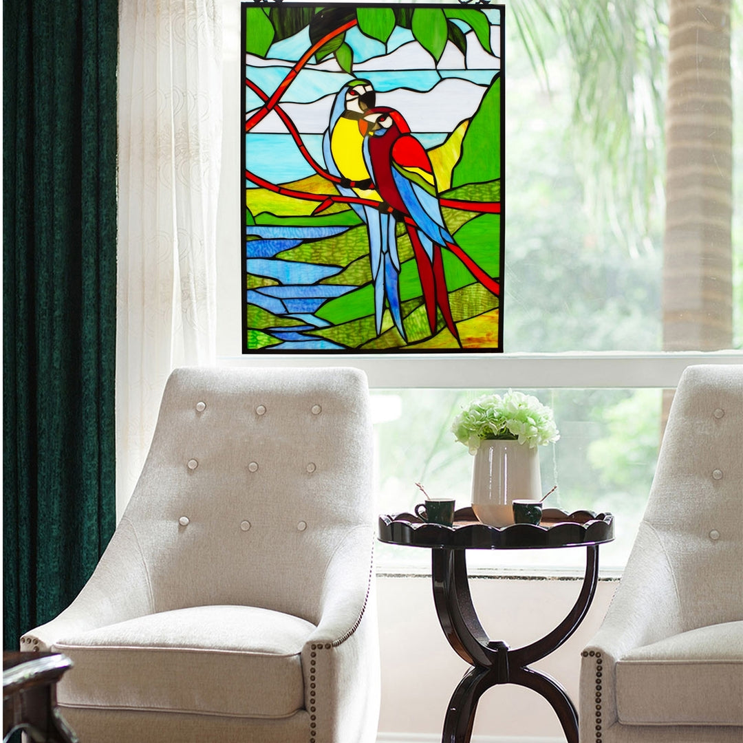 25" x 18.11" Macaw Lovebirds Stained Glass Window Panel