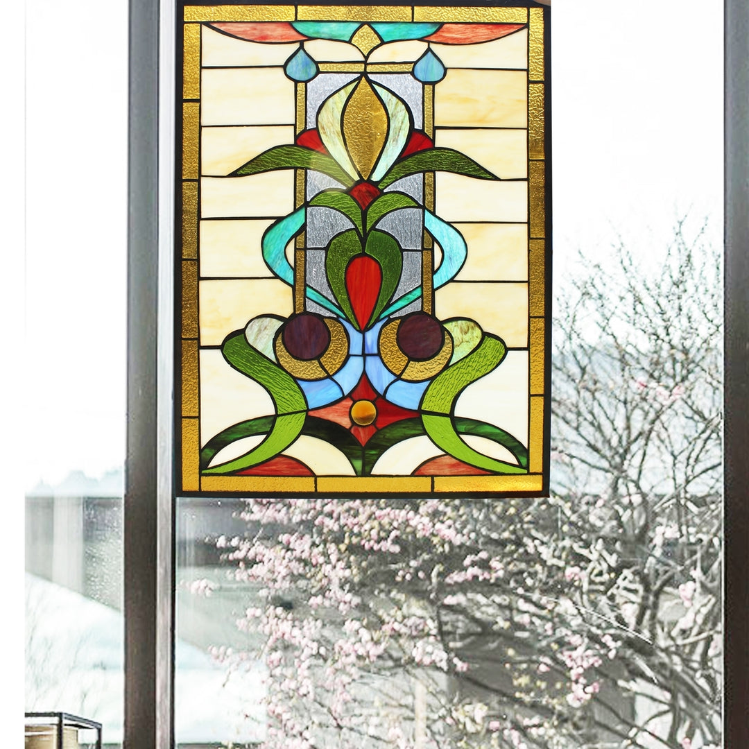 25" x 18.11" Geometric Floral Stained Glass Window Panel