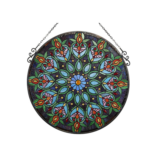 27.17" x 25.59" Victorian Round Stained Glass Window Panel – Green & Blue