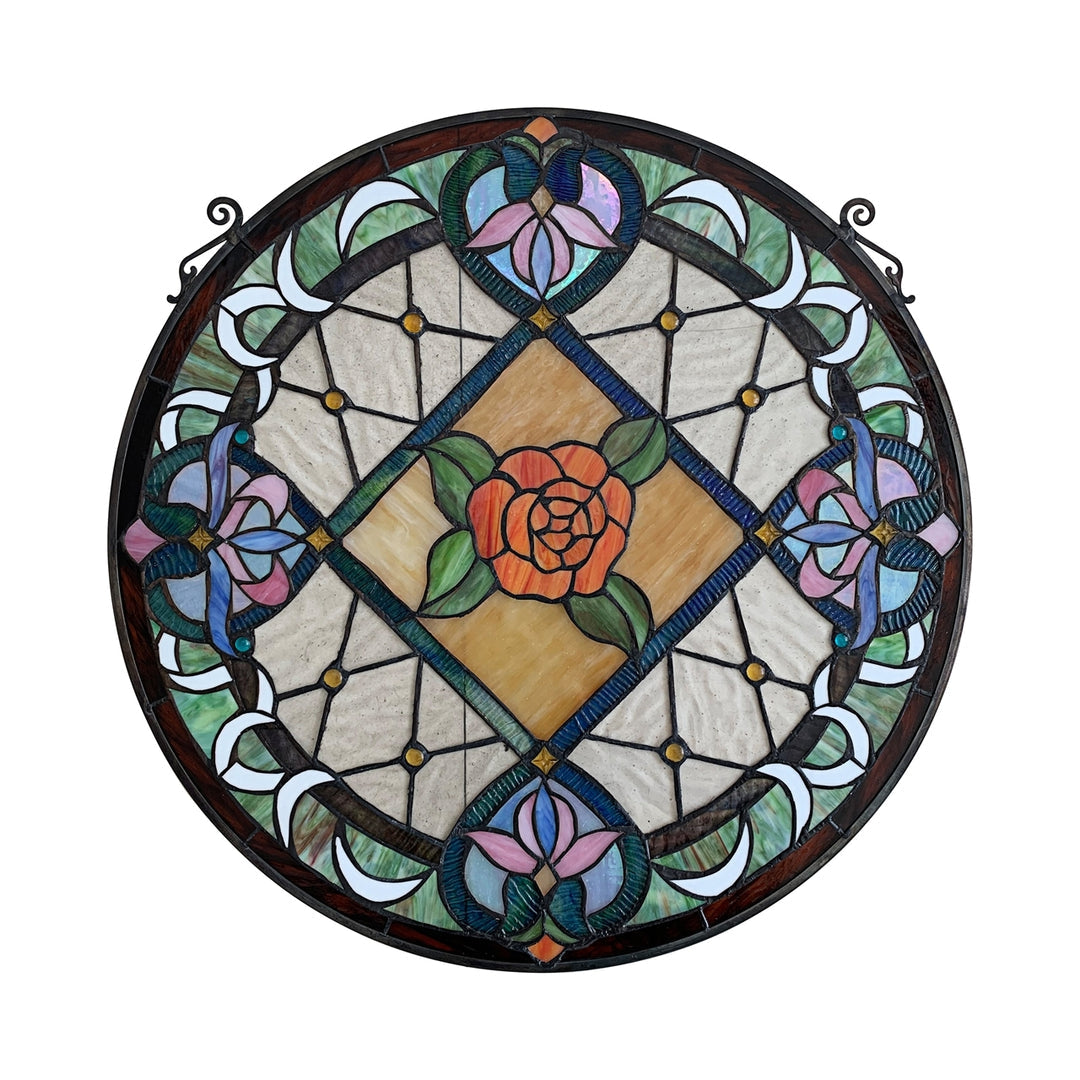 24.8" x 23.62" Victorian Rose Round Stained Glass Window Panel