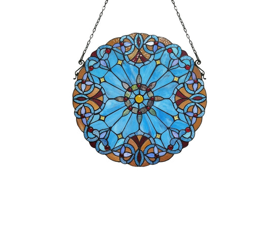 20" x 20" Blue Victorian Medallion Stained Glass Window Panel