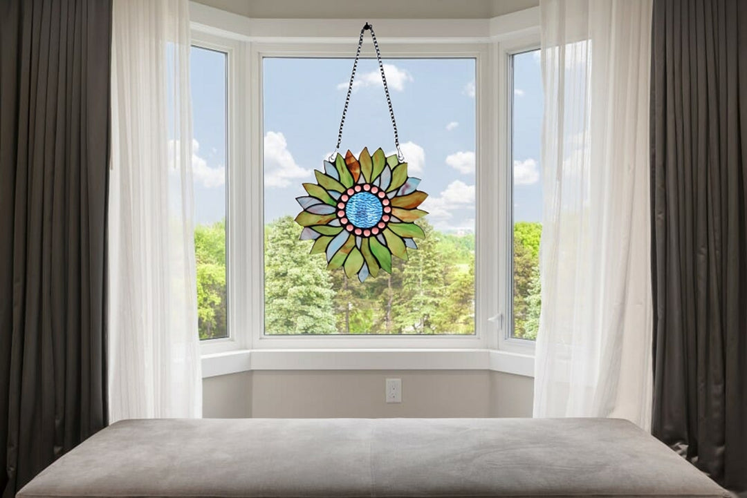 11" x 11" Green Sunflower Stained Glass Window Suncatcher