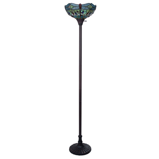 69.49" Antique Vintage Style Stained Glass Dragonfly Torchiere Floor Lamp