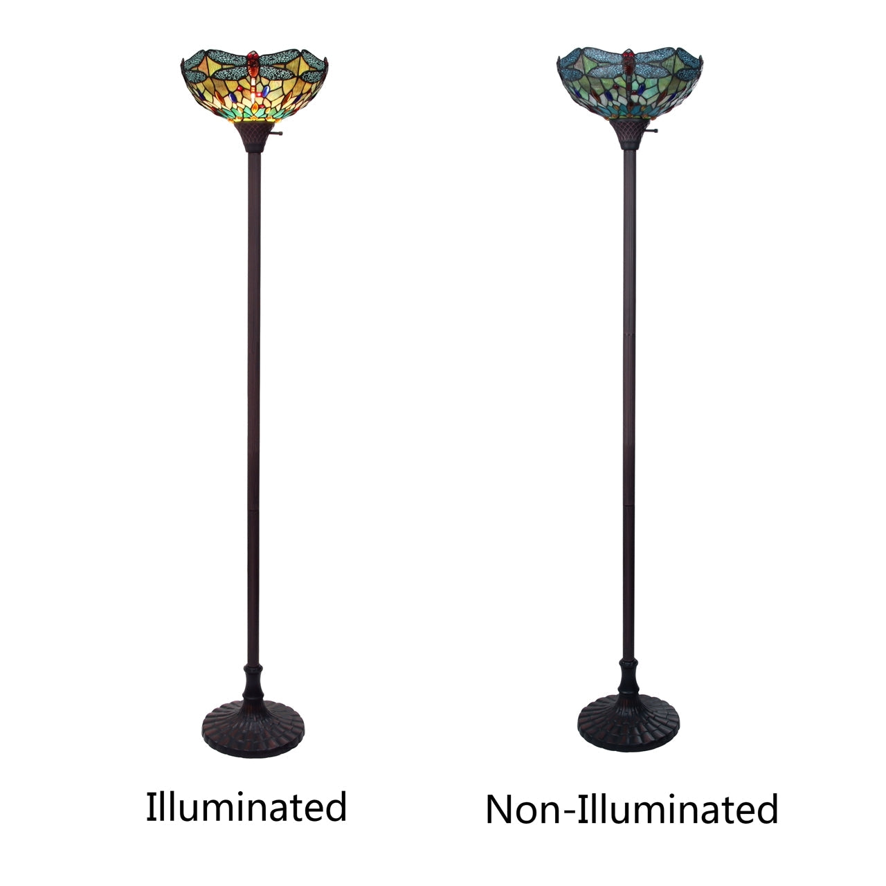 69.49" Antique Vintage Style Stained Glass Dragonfly Torchiere Floor Lamp