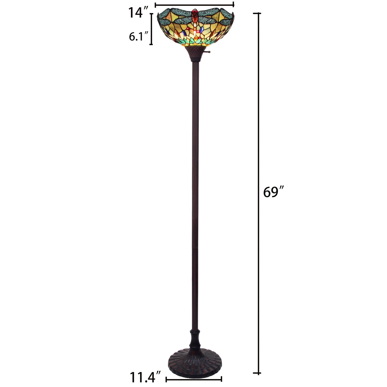 69.49" Antique Vintage Style Stained Glass Dragonfly Torchiere Floor Lamp