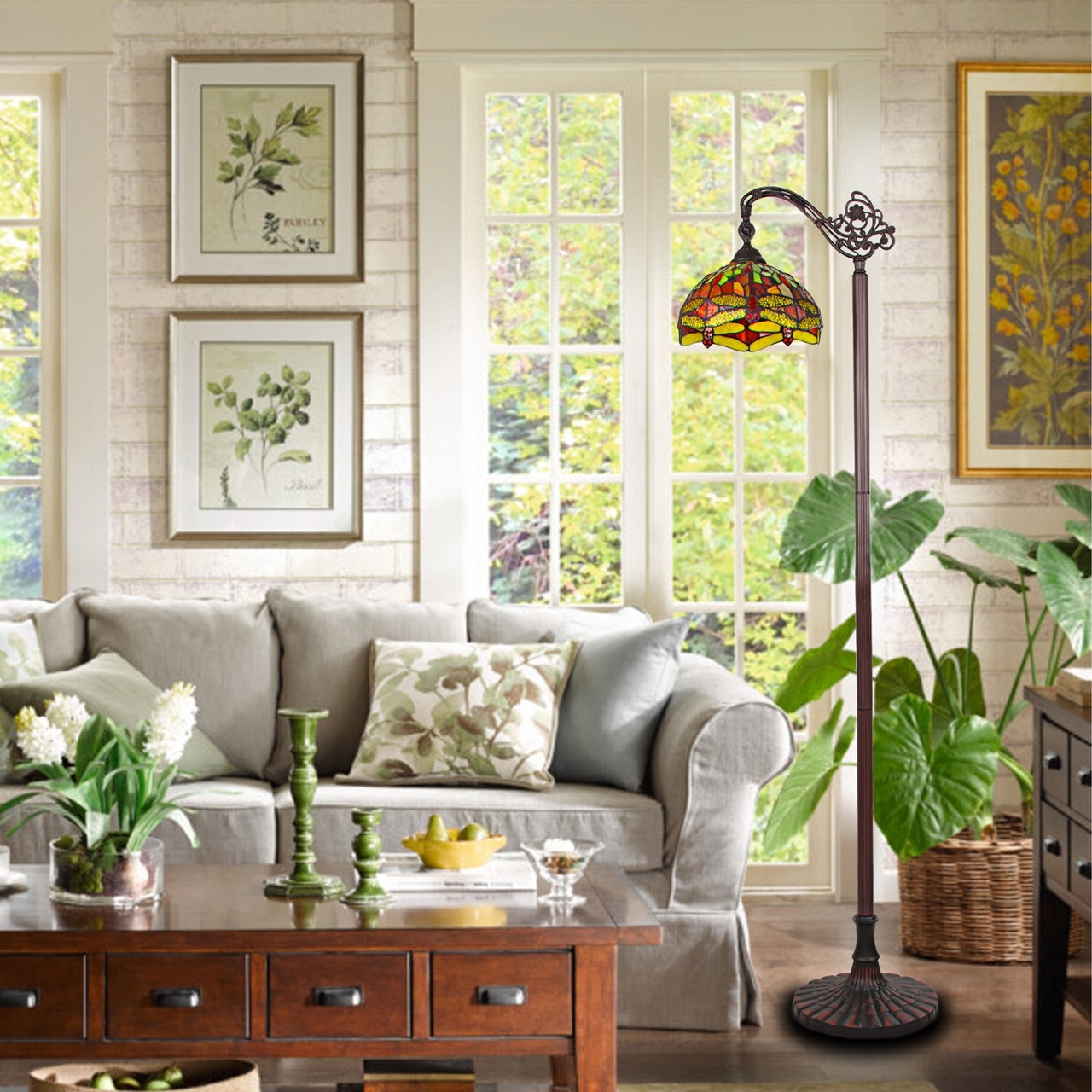 64.37" Antique Vintage Style Stained Glass Dragonfly Floor Reading Lamp