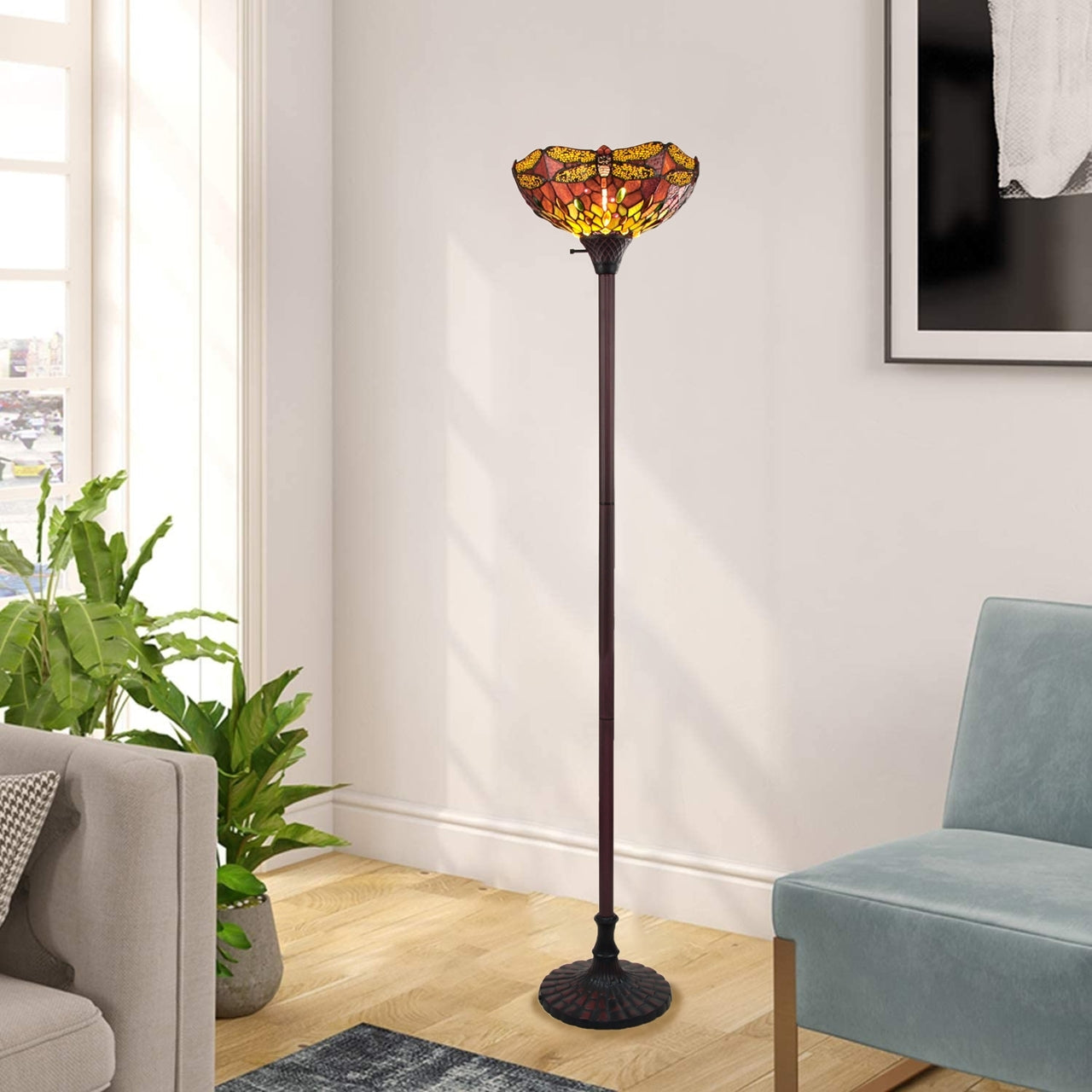 69.49" Antique Vintage Style Stained Glass Floor Lamp