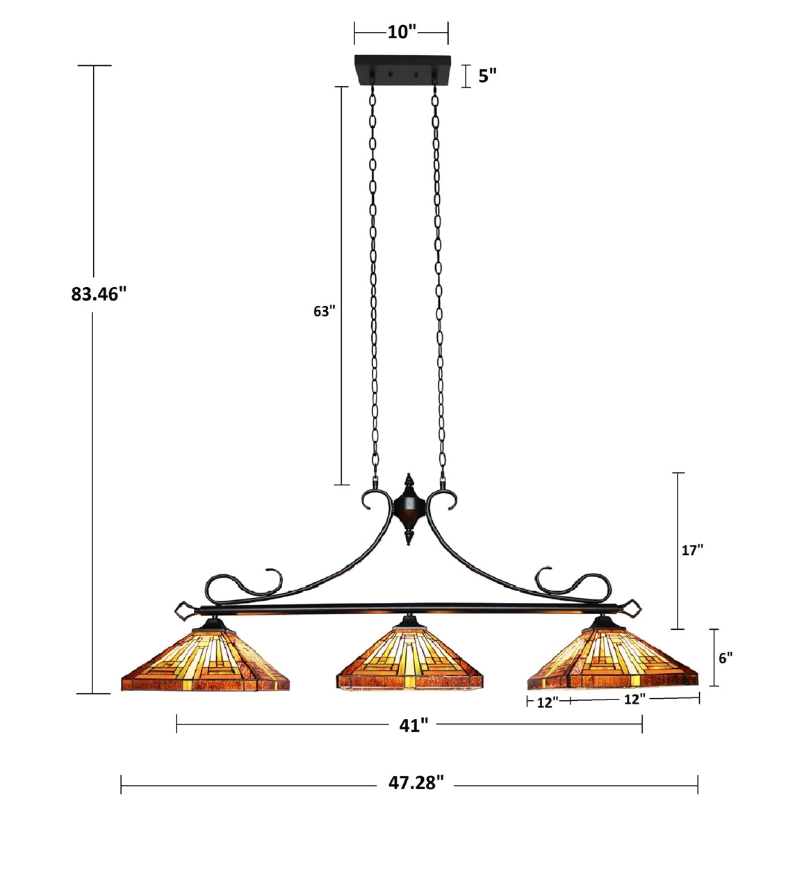 24.5" x 47.24" Mission-Style Stained Glass 3-Light Island Pendant