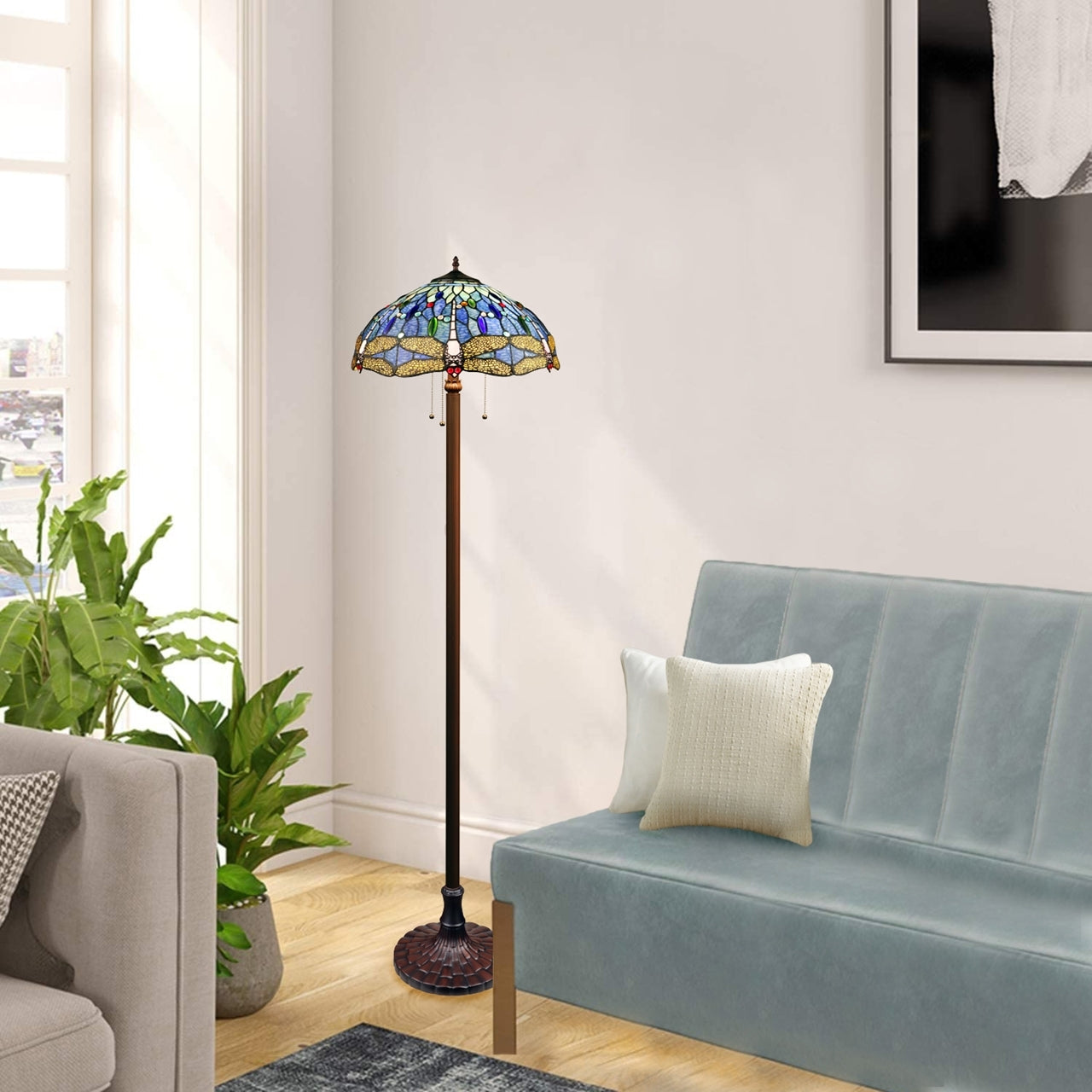 64.76" Antique Vintage Style Stained Glass Floor Lamp
