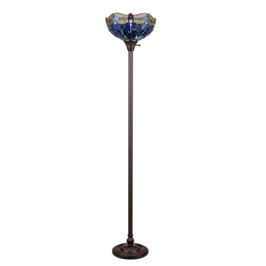68.98" Antique Vintage Style Stained Glass Dragonfly Torchiere Floor Lamp