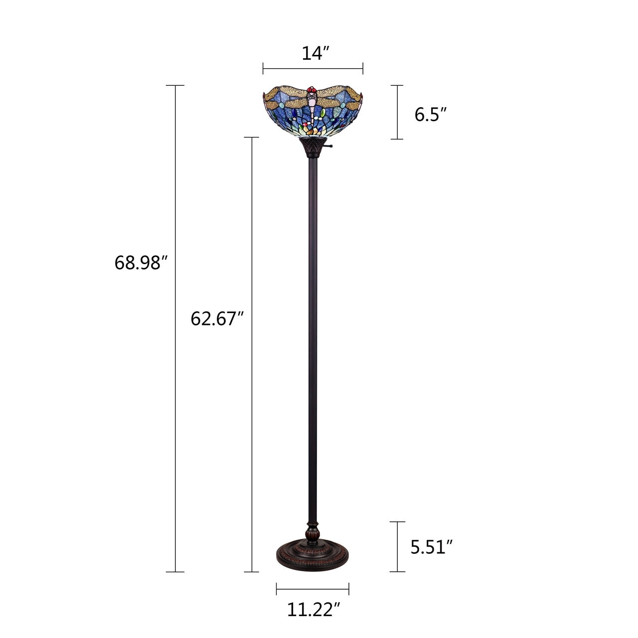 68.98" Antique Vintage Style Stained Glass Dragonfly Torchiere Floor Lamp