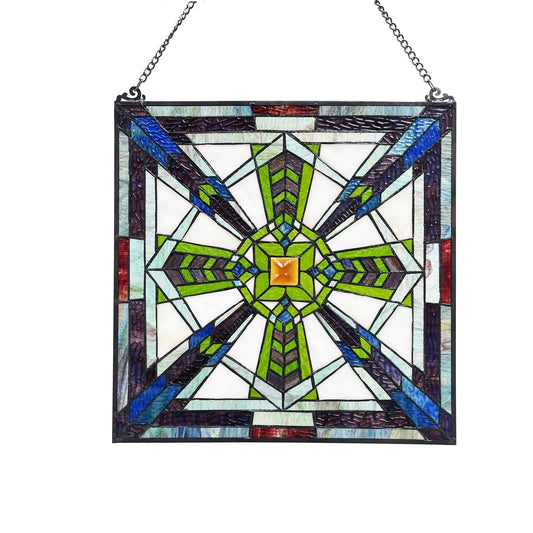 18" x 18" Mission-Style Geometric Stained Glass Window Panel