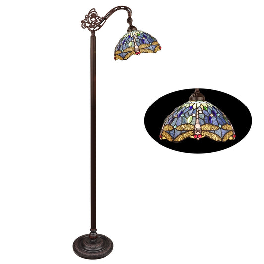 61.9" Antique Vintage Style Stained Glass Dragonfly Floor Reading Lamp