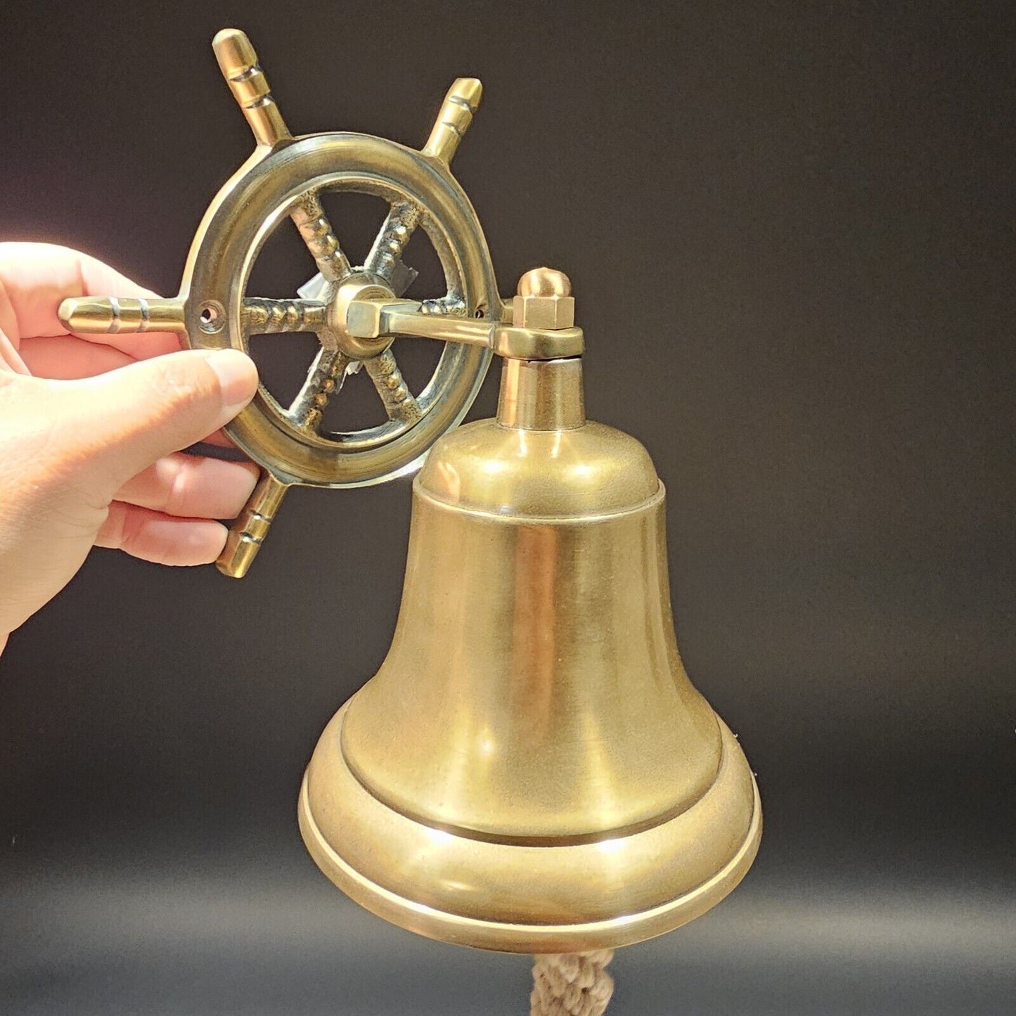 Antique Vintage Style Brass Aluminum Ships Wheel Wall Mount Bar Bell