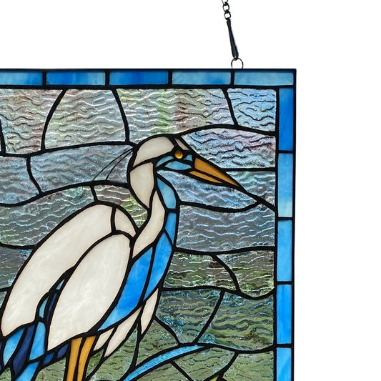 18"  White & Blue Crane Stained Glass Window Panel