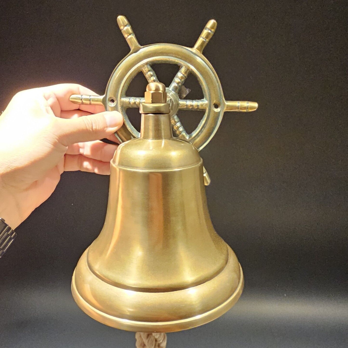 Antique Vintage Style Brass Aluminum Ships Wheel Wall Mount Bar Bell