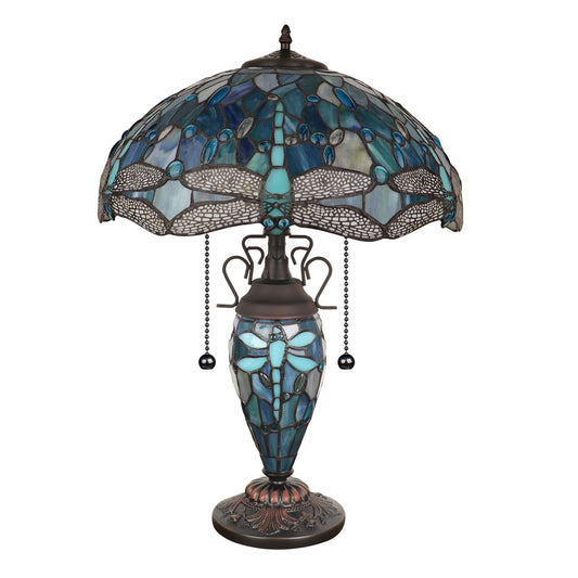22.44" Antique Vintage Style Stained Glass Dragonfly Lighted Base Table Lamp