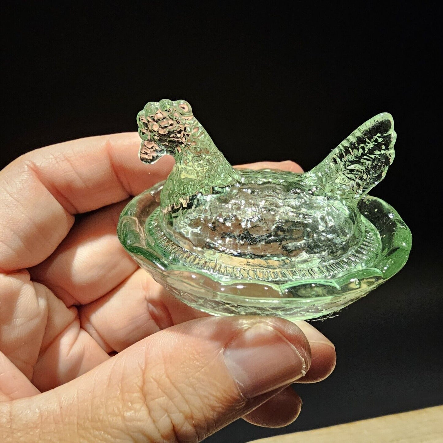 Antique Vintage Style Miniature Green Depression Glass Chicken Hen On Nest Dish