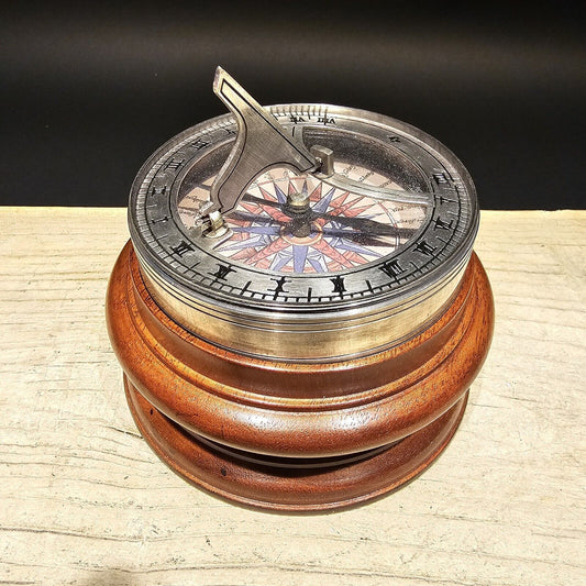 Antique Style Turned Mahagony Wood and Silver Plated Bronze Sundial Compass