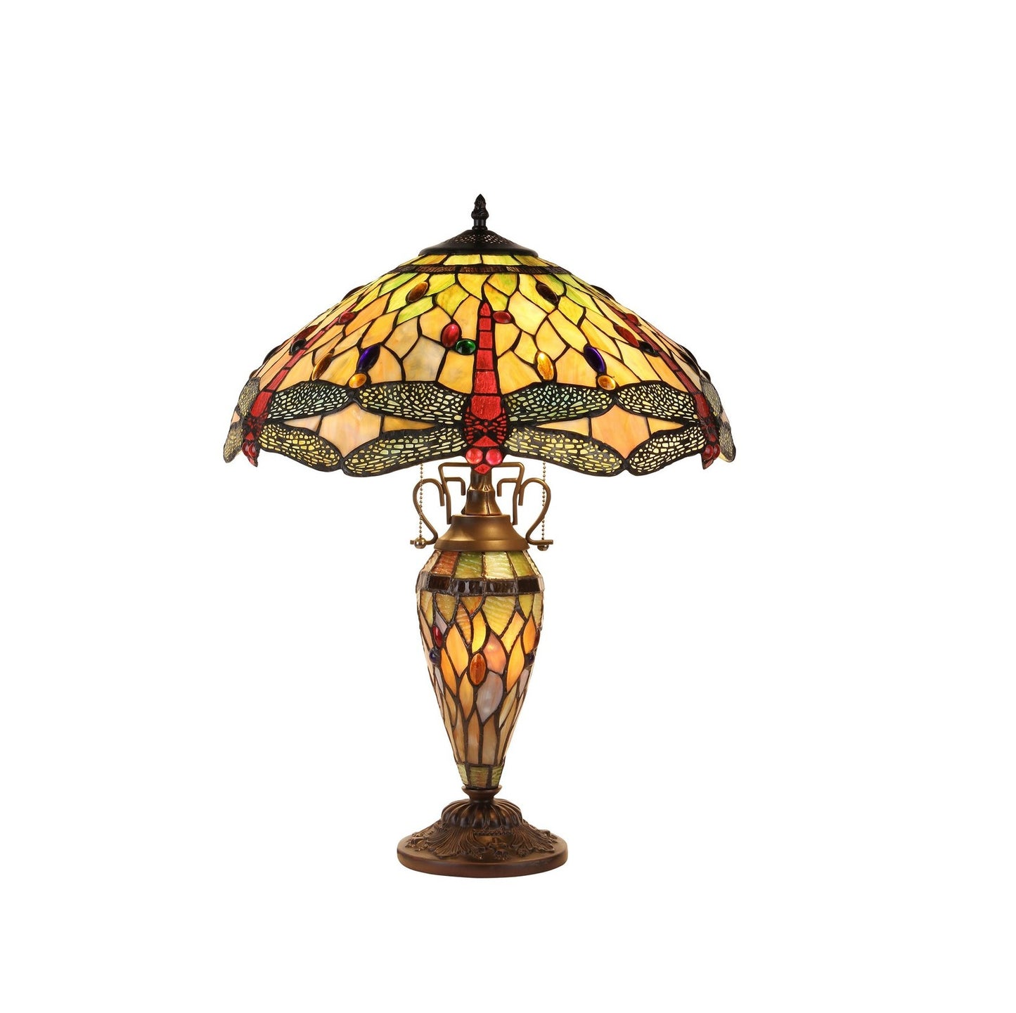 24" Antique Vintage Style Stained Glass Dragonfly Lighted Base Table Lamp