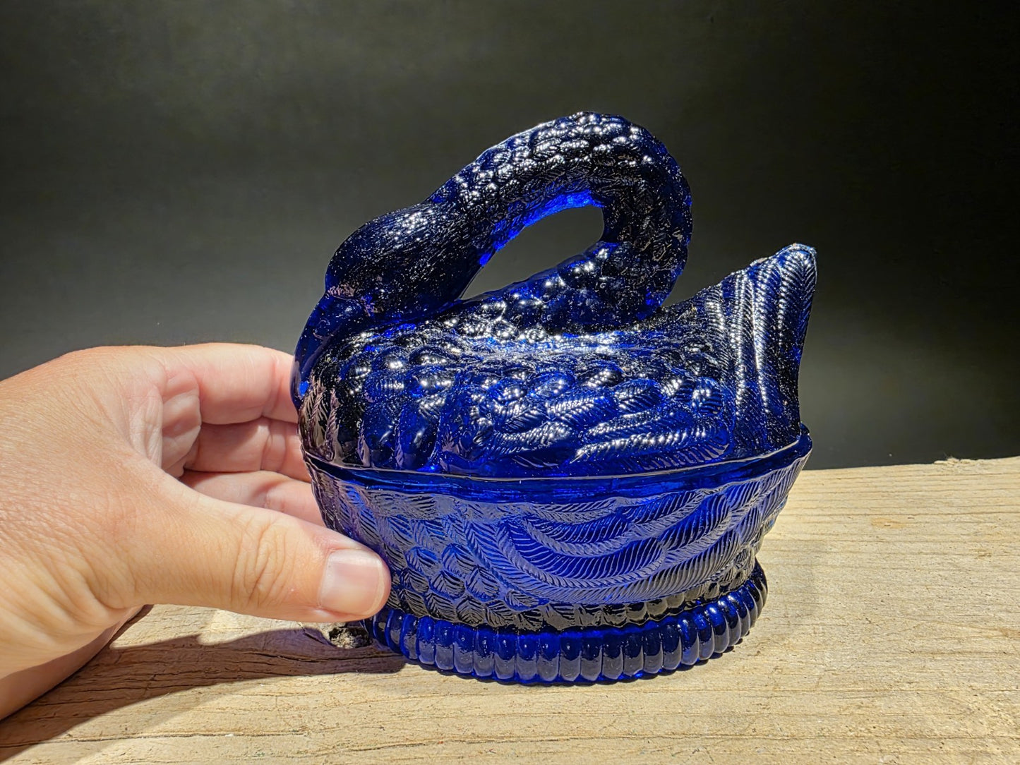Vintage Style Cobalt Blue Depression Glass Swan Candy Dish Box