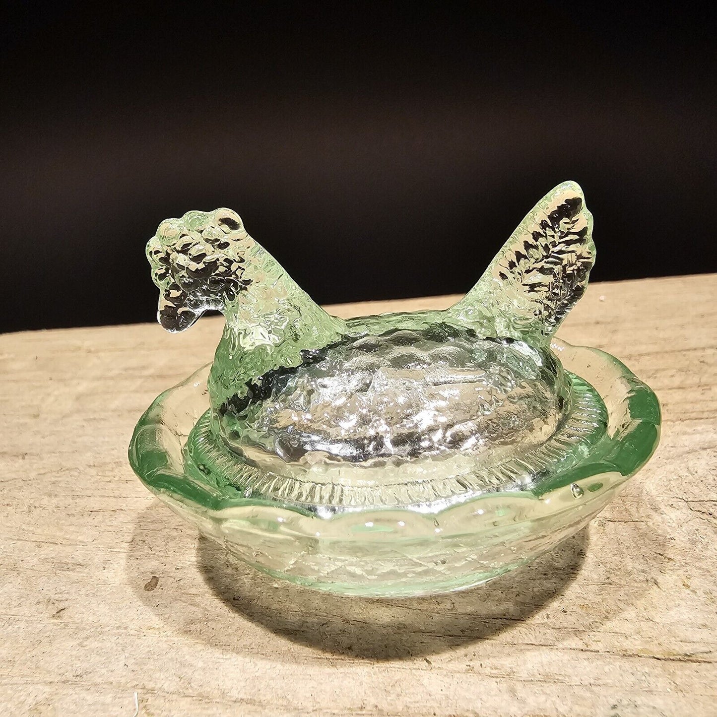 Antique Vintage Style Miniature Green Depression Glass Chicken Hen On Nest Dish
