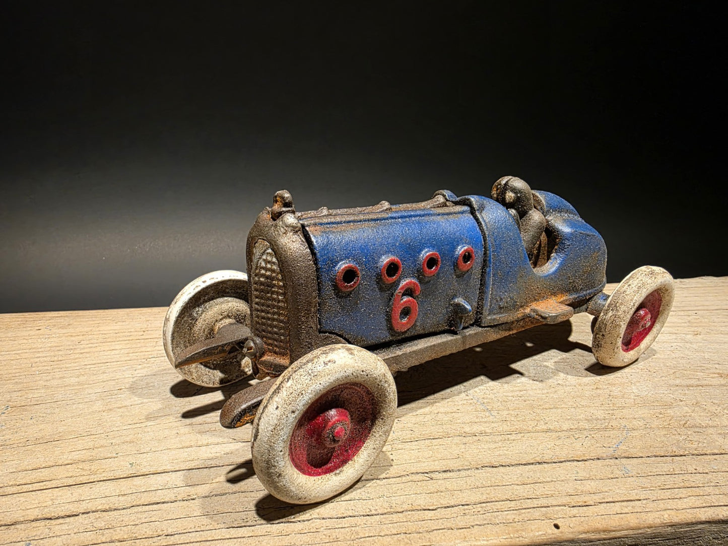 Antique Vintage Style Blue Cast Iron Toy Race Car w Lifting Hood