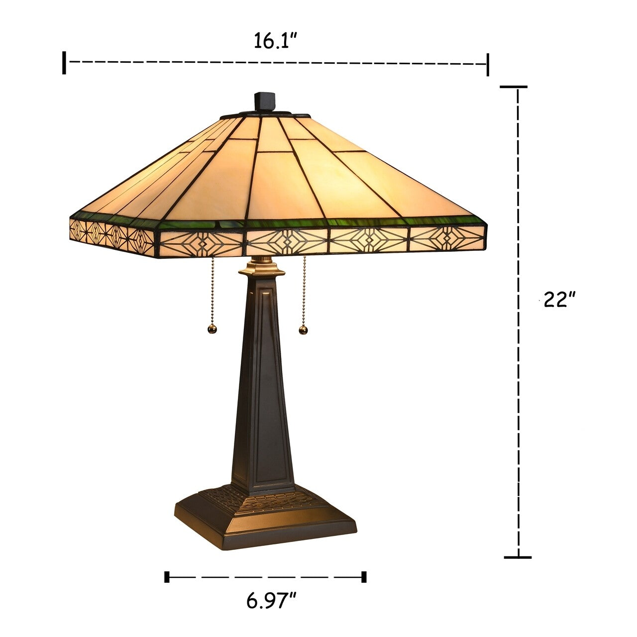 22" 2 Light Pull Chain Stained Glass Mission Table Lamp
