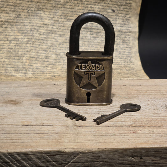 4" Antique Style Brass & Iron Texaco Padlock with Keys Oil Company Lock