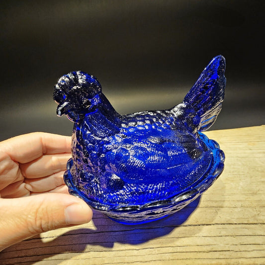 Antique Vintage Style Cobalt Blue Depression Glass Chicken Hen On Nest Dish