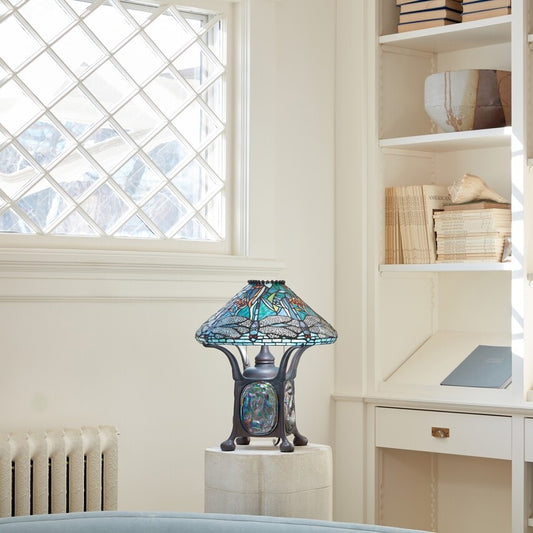 21.5" Blue Stained Glass Dragonfly Turtleback Table Lamp