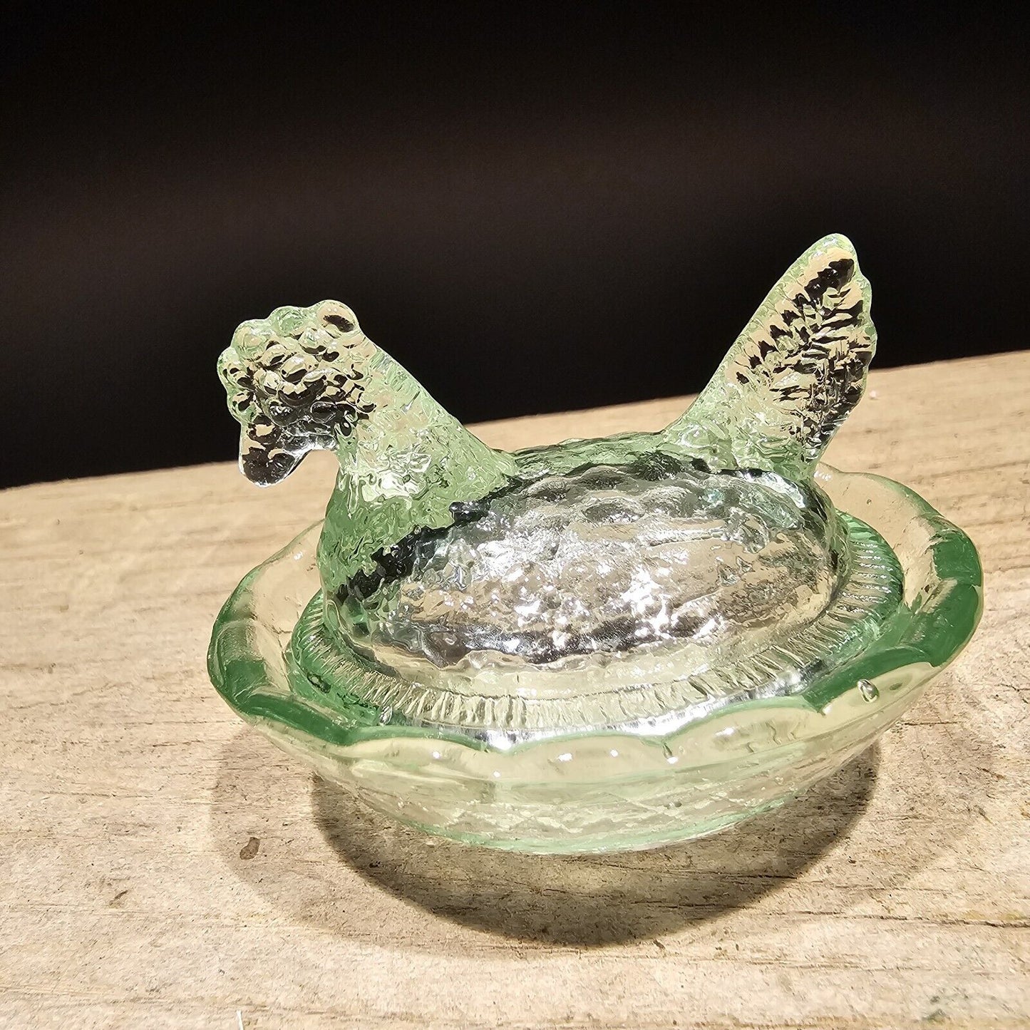 Antique Vintage Style Miniature Green Depression Glass Chicken Hen On Nest Dish