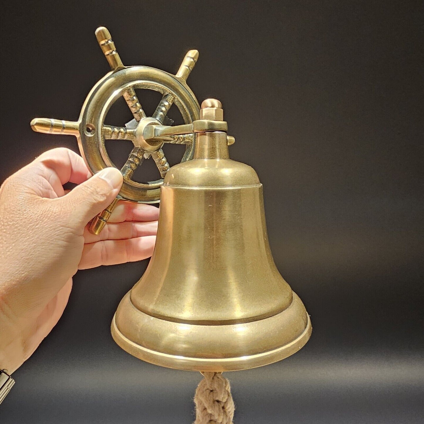 Antique Vintage Style Brass Aluminum Ships Wheel Wall Mount Bar Bell
