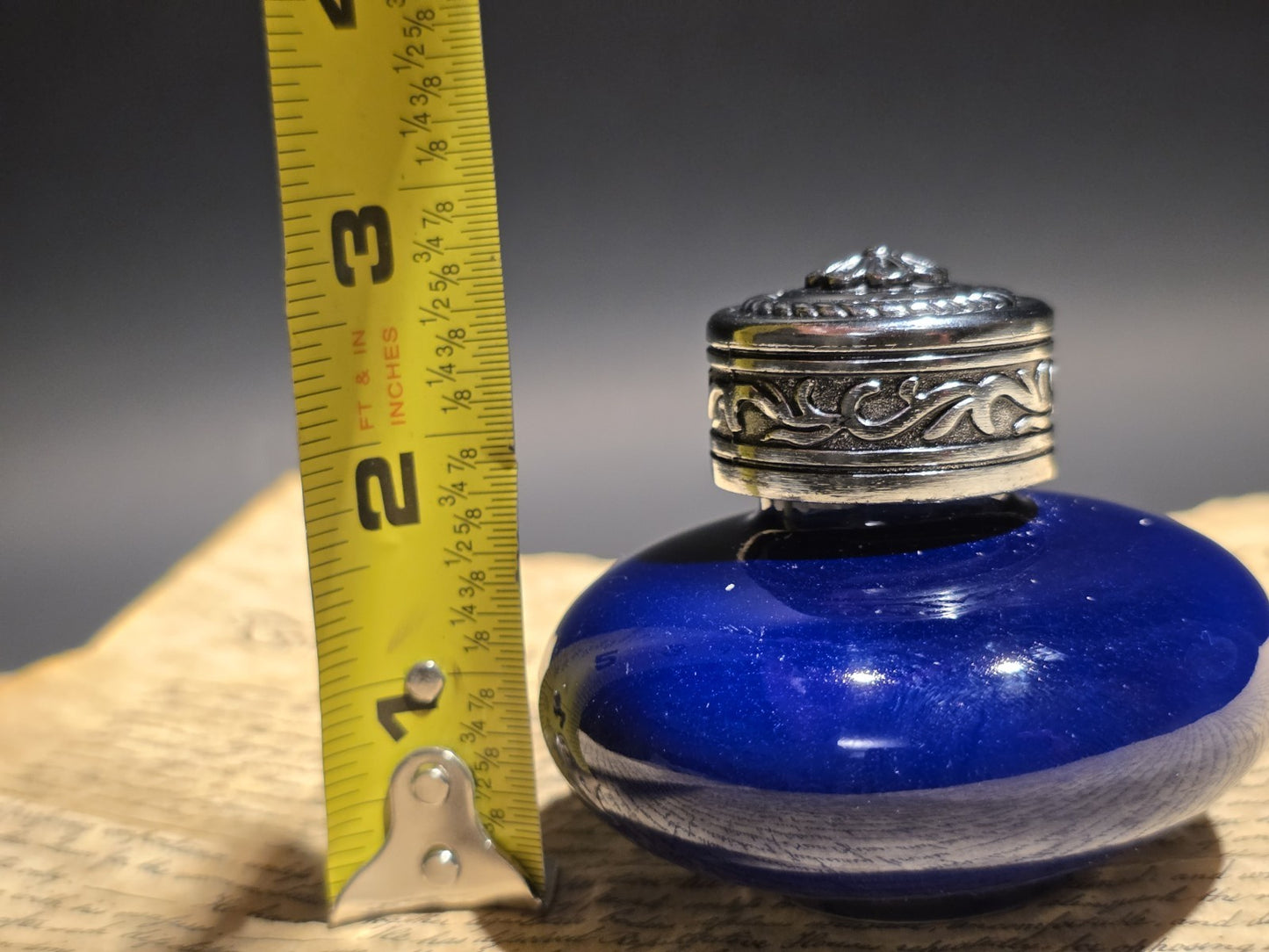 3" Cobalt Blue Ceramic Inkwell Inkpot With Silver Metal Screw Lid