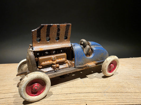 Antique Vintage Style Blue Cast Iron Toy Race Car w Lifting Hood