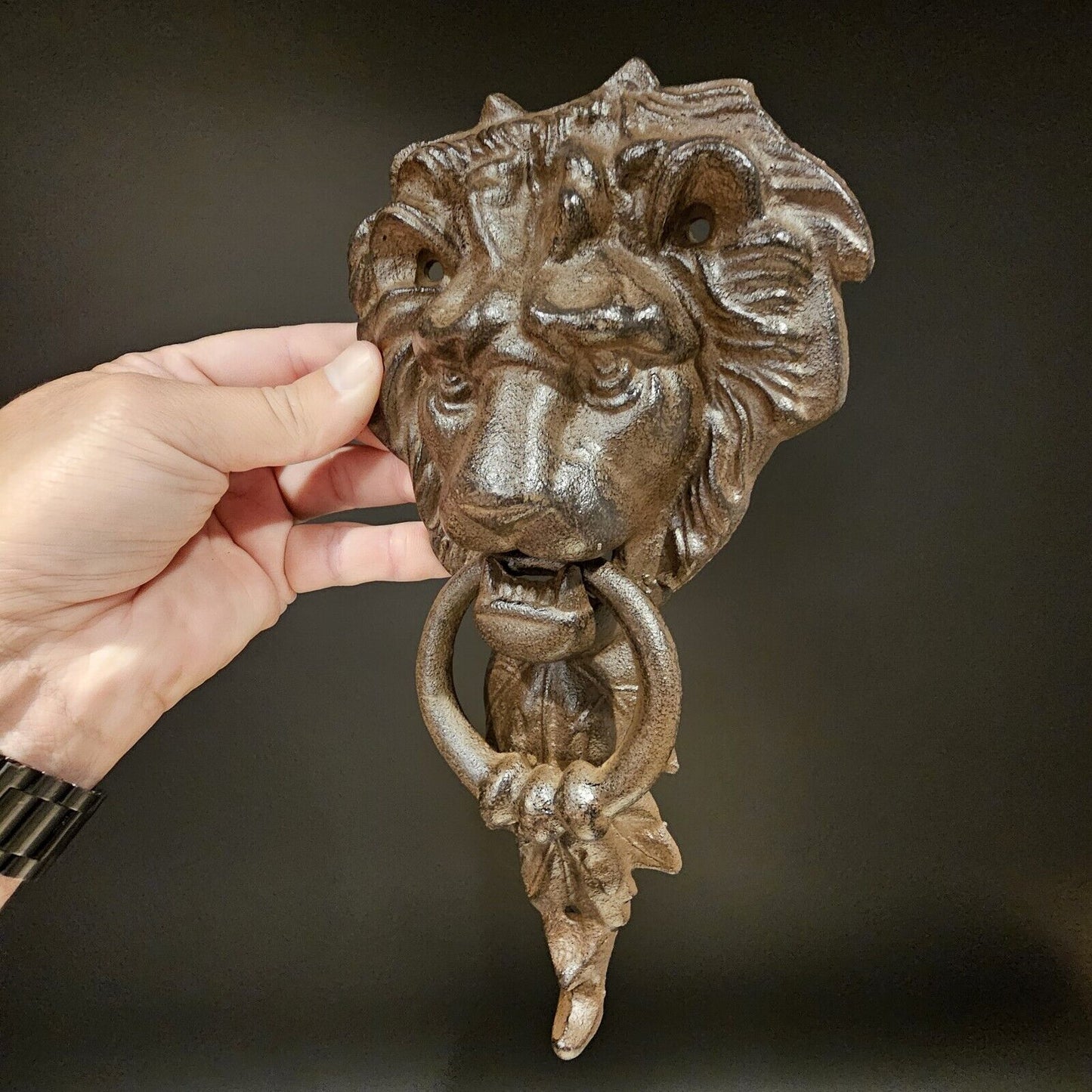 Antique Vintage Style Cast Iron Lion Door Knocker w Hook