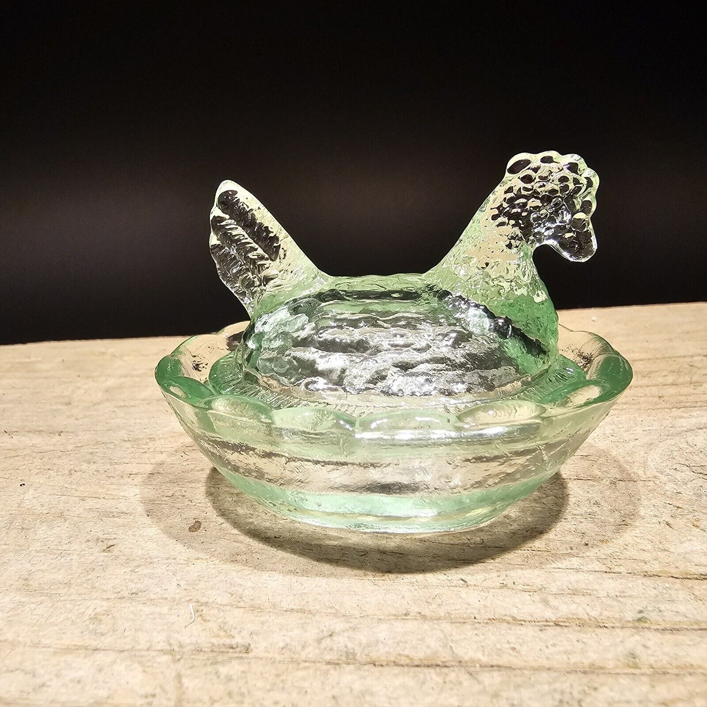 Antique Vintage Style Miniature Green Depression Glass Chicken Hen On Nest Dish
