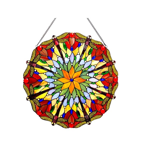 24" Round Stained Glass Dragonfly Window Hanging Panel Suncatcher
